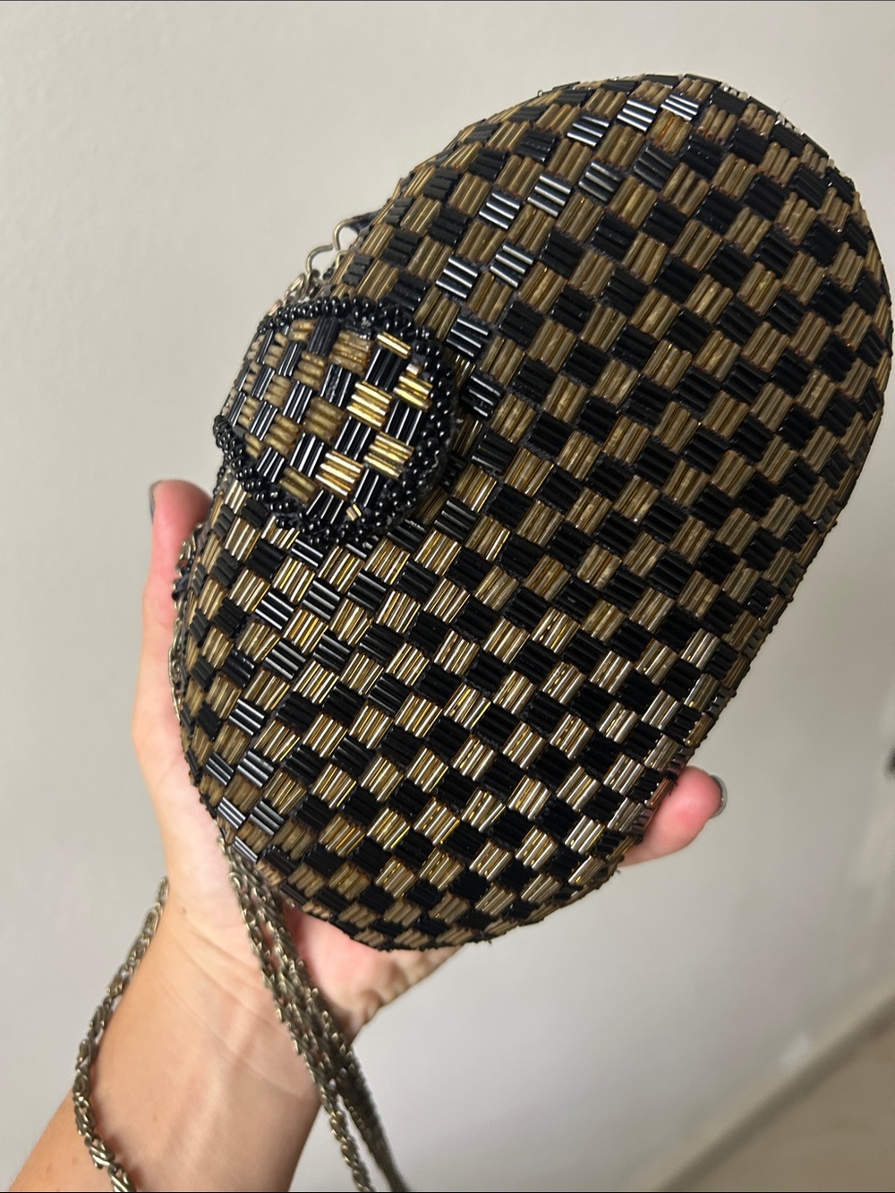 Vintage Beaded Black & Gold Oval Crossbody Bag
